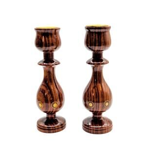 Set of Two Vintage Wood Gold Circle Petite Candle Holders